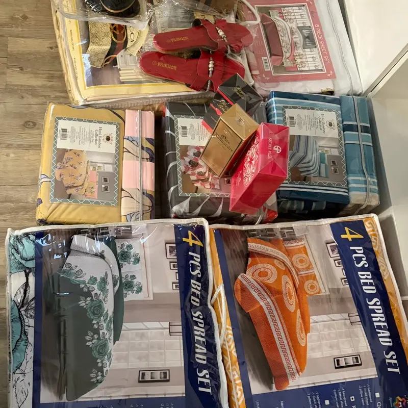 2 bedspread 4pieces, 1 bedspread 9 pieces, 3 bedsheets 6 pieces with fitted sheet and 4 pillowcases, more 1 bedsheets 6 pieces with curtains,3 pairs sandals flip flop and 3 perfume fragrance for women and men
