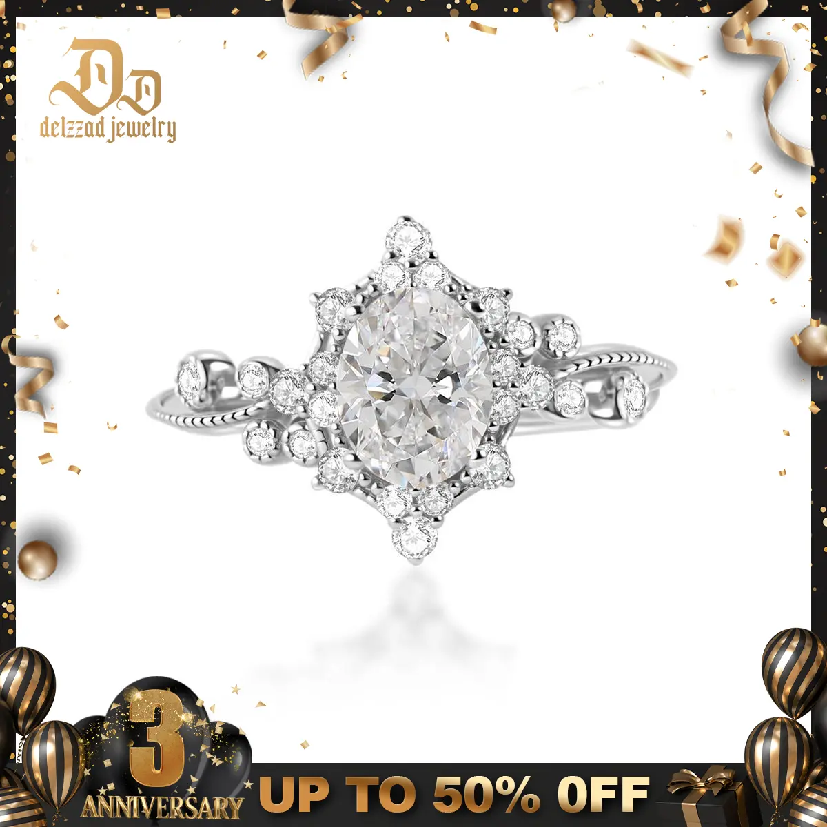 Delzzad 1.9ct Victorian Mirror Ring Vintage Engagement Ring Ivy & Dewdrop Band Ring VVS Synthetic Moissanite Ring Jewelry S925 Band Perfect Birthday Engagement Wedding Anniversary Christmas Valentine's Day Mother's Day Gift
