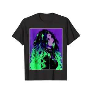 Black T Shirt With Neon Purple And Green Gothic Girl Graphic Print For Casual Streetwear Fashion Plus Size Casual Geometric T-Shirt Geometric Print Breathable T-Shirt