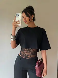 1pc Black Cropped T-shirt with Lace Splicing Loose Layered Design Sexy Daily Commute Wear classic staple everyday top musthave piece easy care timeless style wardrobe essential versatile piece essential basic