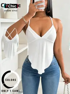 Backless Cross Strap Cami Top, Everyday Lightweight Soft Fabric, High Stretch, Sexy Match, Casual Fitted Plain Colorblock Design