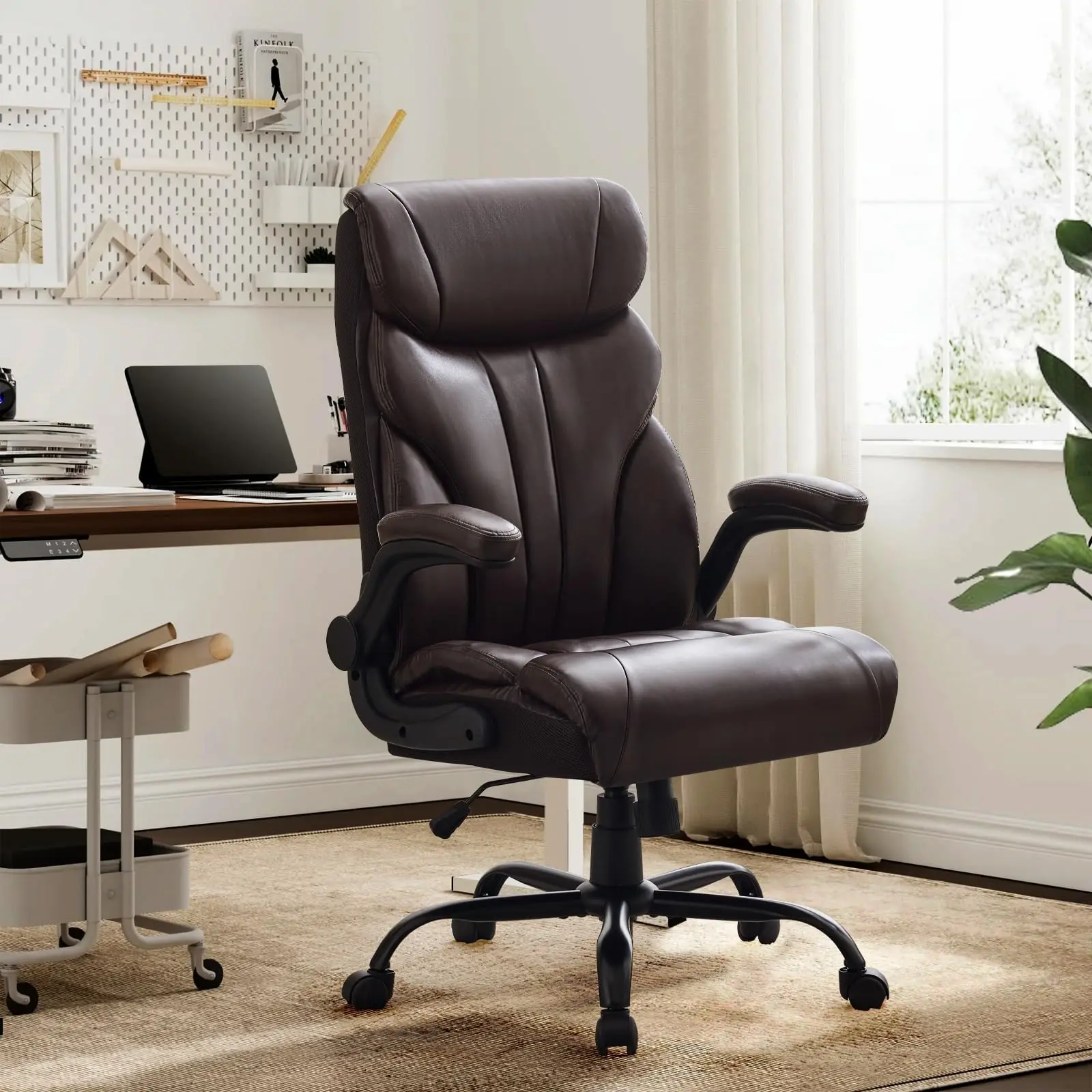 Ergonomic Leather Office Chair with PU Upholstery, 360° Swivel, Adjustable Armrests & Wheels - Comfortable Small Gaming Desk Chair, Coffee Color office  chair high back office chair