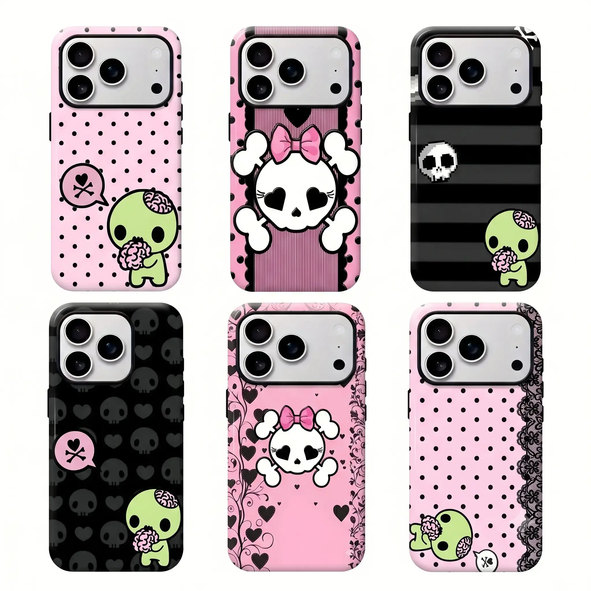Y2k Kawaii EmO Z0mble Pink Black Polka Dot Skull Pattern Tough Case Design File For iPhone 11 12 13 14 15 16 17 Pro Max Plus Mini Air | Alt Goth Vibe | Heavy Duty Defense Armor Print