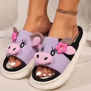 Cute Cow Womens Sandals-Cartoon Slippers,Casual Living Style and Non-Slip Fashion,Cute Flower Cow Linen Slippers Indoor Home Use Non-Slip Odor-Resistant Outdoor Thick-Soled Sandals Girl Footwear Slide Flipflop Parent Decor White slippers  women