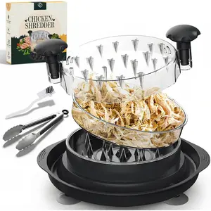 Large Chicken Shredder Tool Twist - 11 Inch, Suction Cups, Visible Lid, Removable Tray, Tongs & Brush -  and  Grade Safe for Chicken, Birria, Beef - Dishwasher Safe