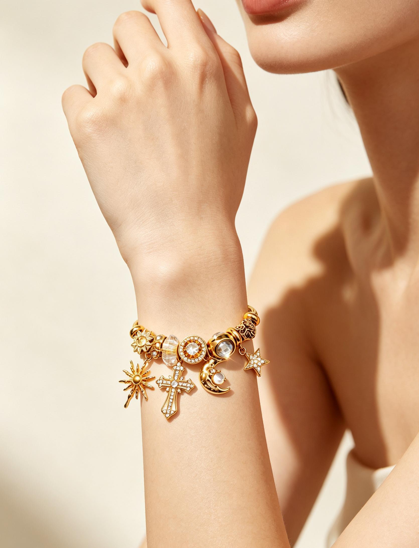Twisted Tone Open Cuff Charm Bracelet for Women, Adjustable Flexible Bangle with Sun Moon Star Cross Rhinestone Charms, Vintage Celestial Fashion Jewelry Gift for Daily & Party Wear Twisted Tone Open Cuff Charm Bracelet for Women, Adjustable Flexible Bangle with Sun Moon Star Cross Rhinestone Charms, Vintage Celestial Fashion Jewelry Gift for Daily & Party Wear