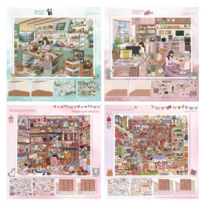 Free Tweezers Included! 4-Pack DIY 3D Scene Stickers Set: Dessert Kitchen, Pleasant Office, Grocery Store & Dream Snack Shop - Cute Miniature Large Size Landscape Stickers for Journaling, Scrapbooking, DIY Crafts & Planner Decoration Best Gifts