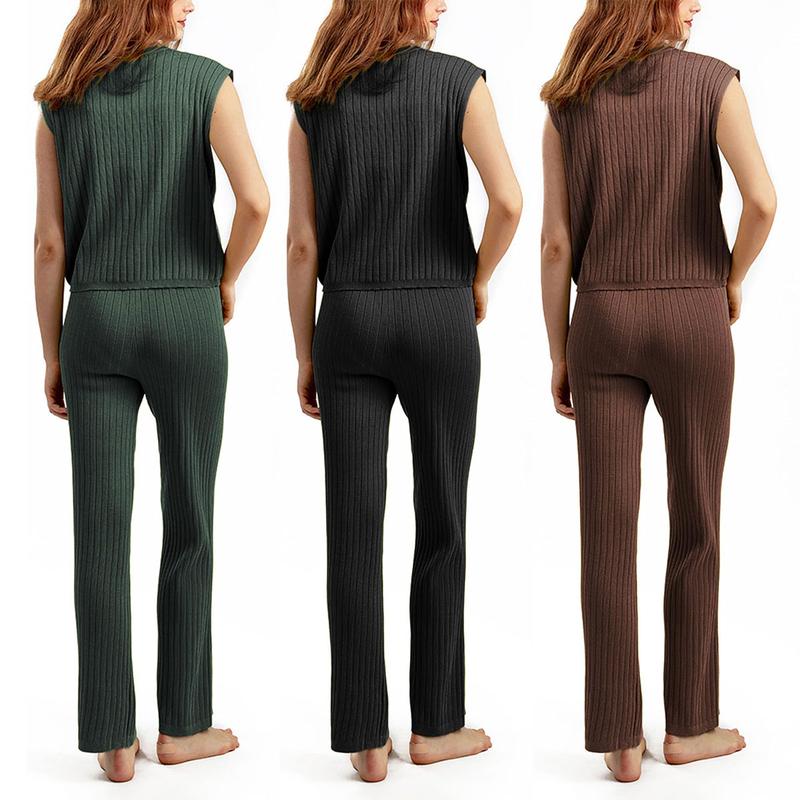 Molitree Women's 2 Piece Outfits Sweater Sets Knit Sleeveless Pullover Tops High Waist Pants Lounge Sets Tracksuits