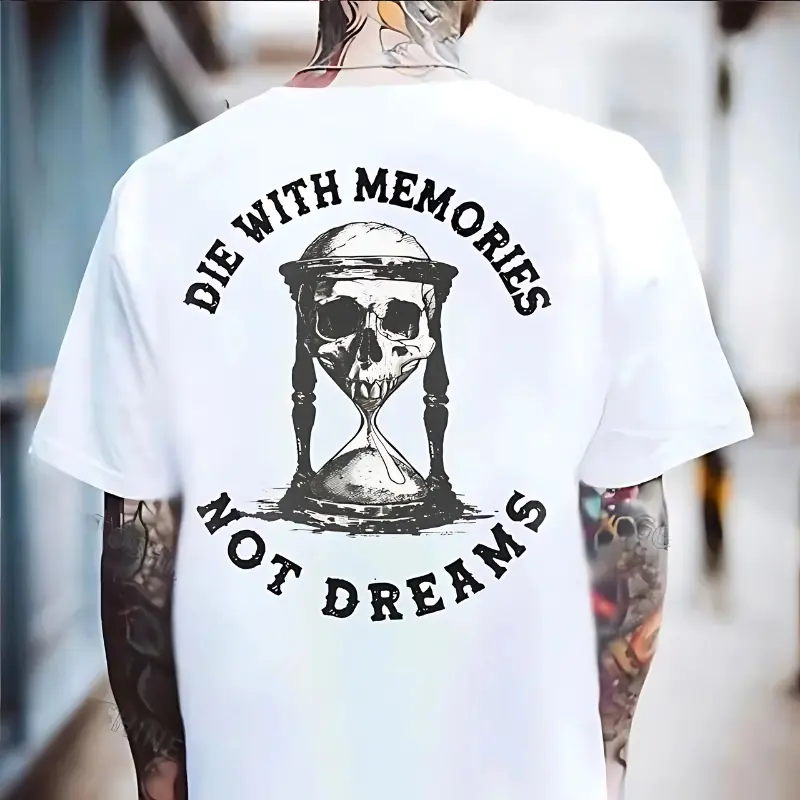 Gildan Men's Classic Fit Cotton T-Shirt, Casual Graphic Tee with 'Die With Memories Not Dreams' Skull Print for Valentine's Day, Casual Graphic Design, Valentines Day, Graphic Print
