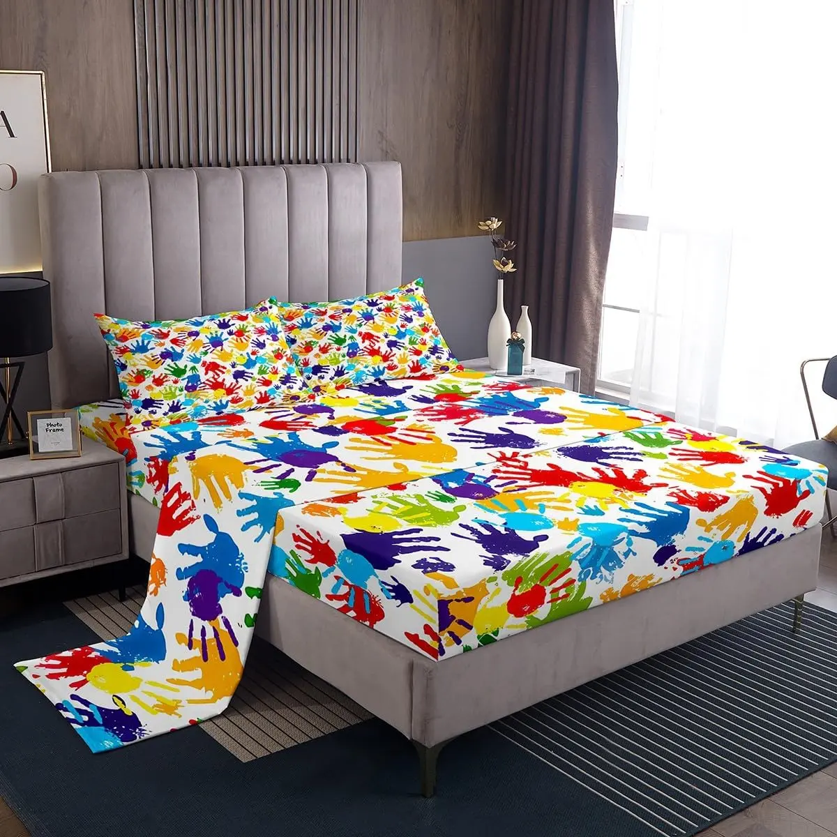 Feelyou Multi-Size Microfiber Bedding Set - Cute Handprint Modern Abstract Design, Breathable Sheets, Soft Multi-Color Watercolor Rainbow Bedding with Hand Shape Decor for Kids, Multi Color Bedding