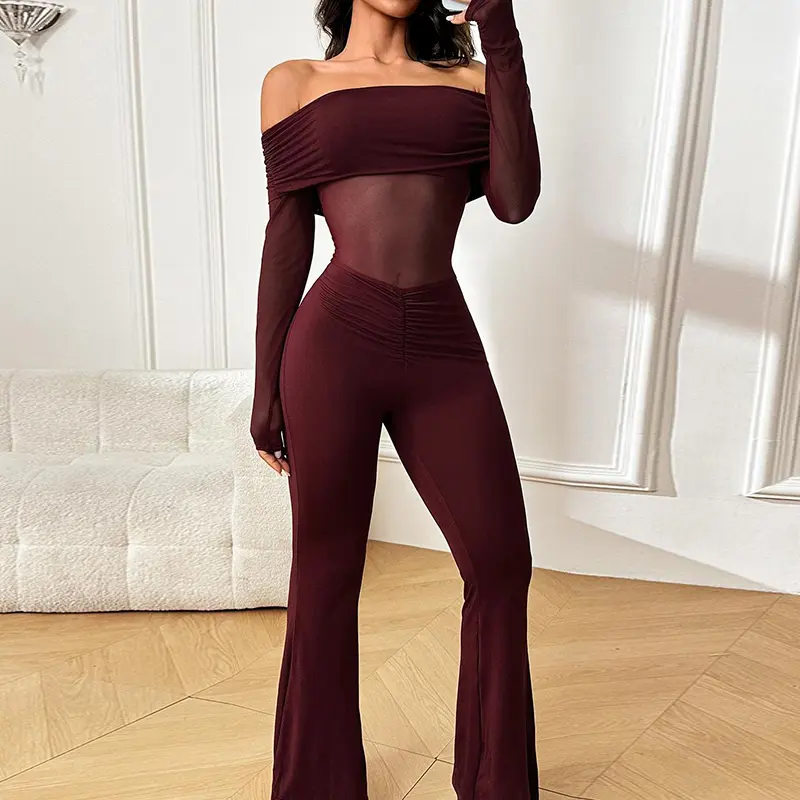 XY24562DGO-Fall Womens Casual Mesh Patchwork One Shoulder Long Sleeve Jumpsuit Solid Off-shoulder Bodycon Outfit