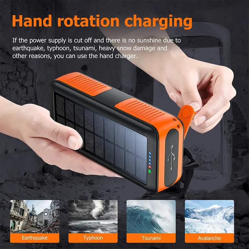CUUUT large capacity solar portable charger, 15W fast charging type charger, manual power generation, equipped with 4 flashlights, suitable for camping and portable use, multi port suitable for various mobile devices, can charge smartphones
