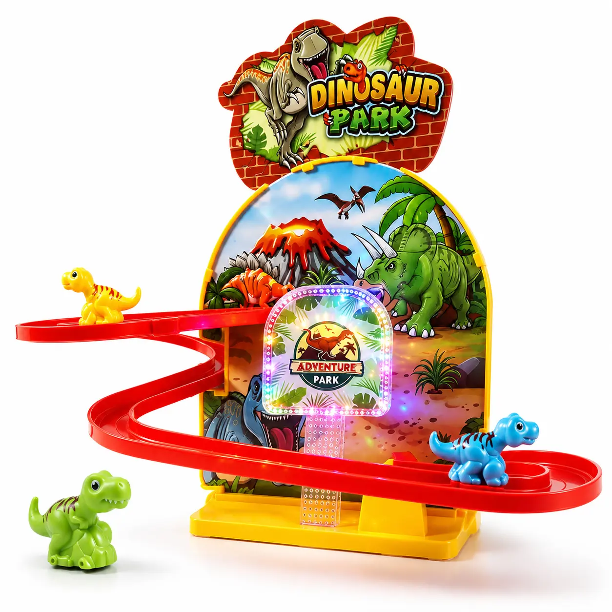 Dinosaur Park Track Toy Set with Light & Music, Interactive Dino Slide Playset with Figures for Boys Girls Ages 3+