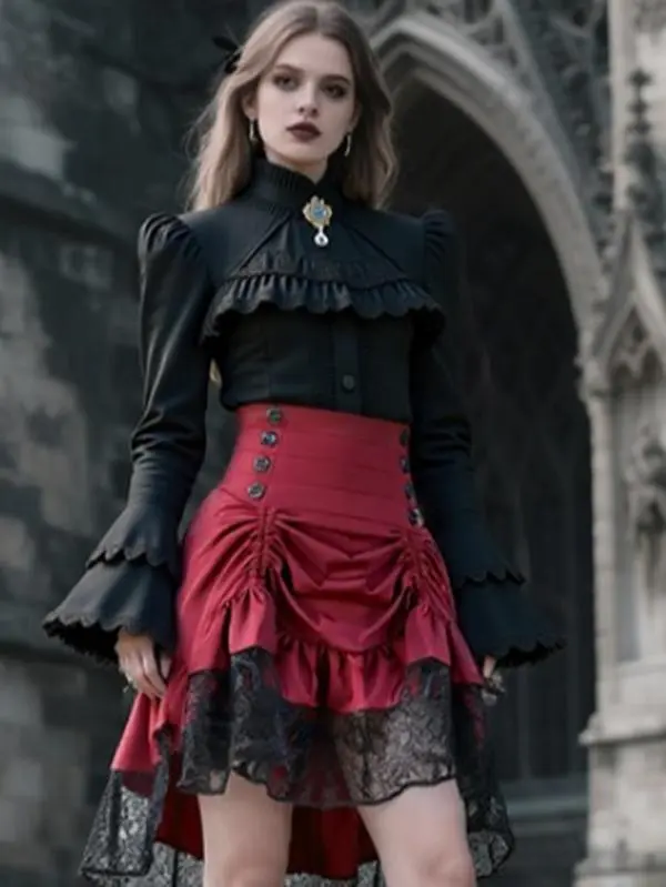 Women's Steampunk Gothic Vintage Lace High Low Skirt with Ruffles | Victorian Party Outfit | Renaissance Fair Costume | Cosplay Halloween Aesthetic Fashion | Retro Boho Festival Look