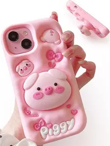 3D Cartoon Pig Phone Case with Stand for iPhone 16 Pro Max, Funny Squishy Silicone Piggy i Phone Cover for Kids, Girls, and Women, Girly Cute Pink Piglet Animal Phone Case