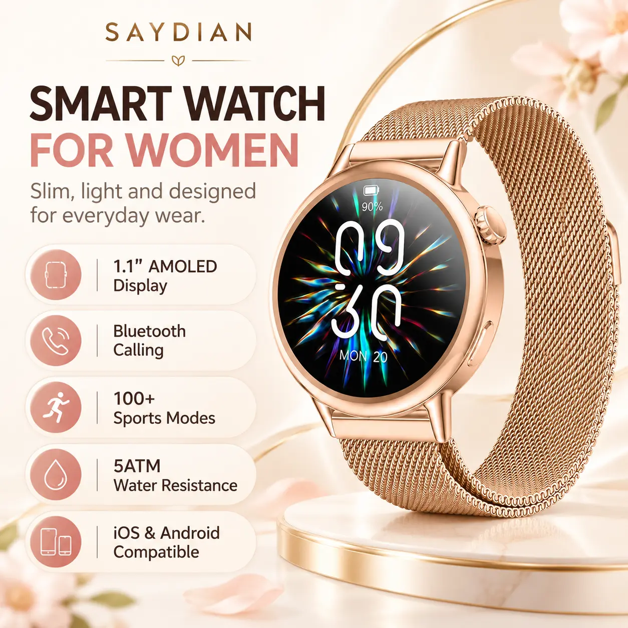 Smart Watch for Women, 1.1" AMOLED Display, 9.3mm Ultra-Slim & 21.3g Lightweight, Bluetooth Calling, Heart Rate & Sleep Tracking, 100+ Sports Modes, Compatible with iPhone & Android