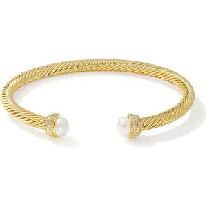 Fettero Gold Cuff Bangle Bracelets for Women - Gold Plated Adjustable Open Cuff Friendship Bracelets Elegant Twisted Cable Bangle Bracelet Lightweight Pearl Bracelet for Dainty Jewelry