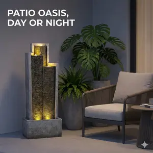 49.6 in H Modern Cascading Floor Fountain - Tall Standing Water Feature with Lights, Indoor/Outdoor Home Improvement, Garden Decor Art Piece