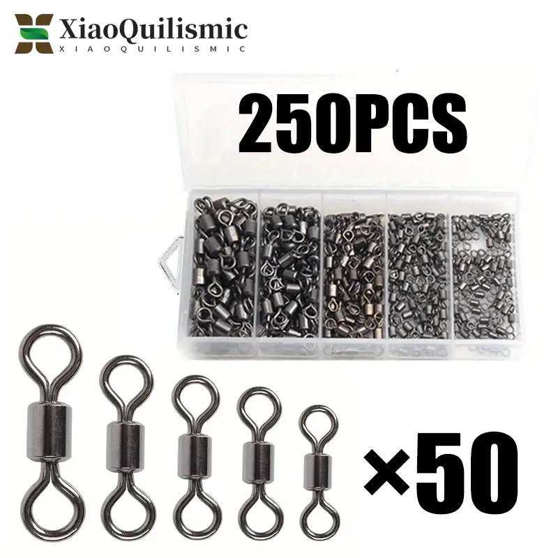250pcs Fishing Swivel Set, Fishing Tackle, Fishing Gear, Fishing Equipment, Fishing Supplies, Various Sizes 2#, 4#, 6#, 8#, 10#, with Storage Box, High Strength Stainless Steel, Saltwater & Freshwater Use