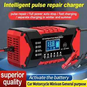 12V Intelligent Pulse Repair Battery Charger, Full Automatic Fast Charging with LCD Display, Multiple Protection for Car Motorcycle Truck Boat AGM Gel Lead-Acid Batteries, Winter/Summer Mode, 4Ah-100Ah Battery Maintainer & Desulfator