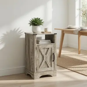 [Bellemave] 16" Farmhouse Nightstand with Charging Station & Open Storage Space, Wood Bedside Table for Bedroom