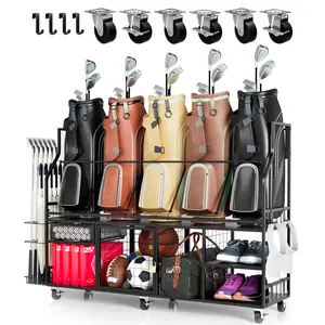 Vantage Mounts Golf Storage Organizer for Garage, XXL Golf Bag Stand Holder for 5 Bags with Side Hooks, Heavy Duty Golf Club Rack for Home Basement, Indoor Outdoor Sports Equipment Storage with Lockable Wheels & Shelves