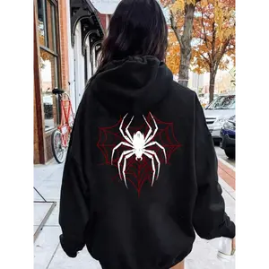 Women's Spider Print Hoodie, Fashion Casual Drawstring Pocket Hooded Sweatshirt for Daily Holiday Outdoor Wear, Women Clothing for Fall & Winter, Halloween Black Womenswear