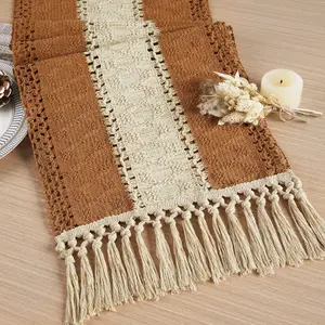 Boho Table Runner for Home Decor with Tassels 72 Inches Long Farmhouse Rustic Caramel Table Runner Burlap Table Decoration for Living Room Bridal Shower (12x72 Inches)