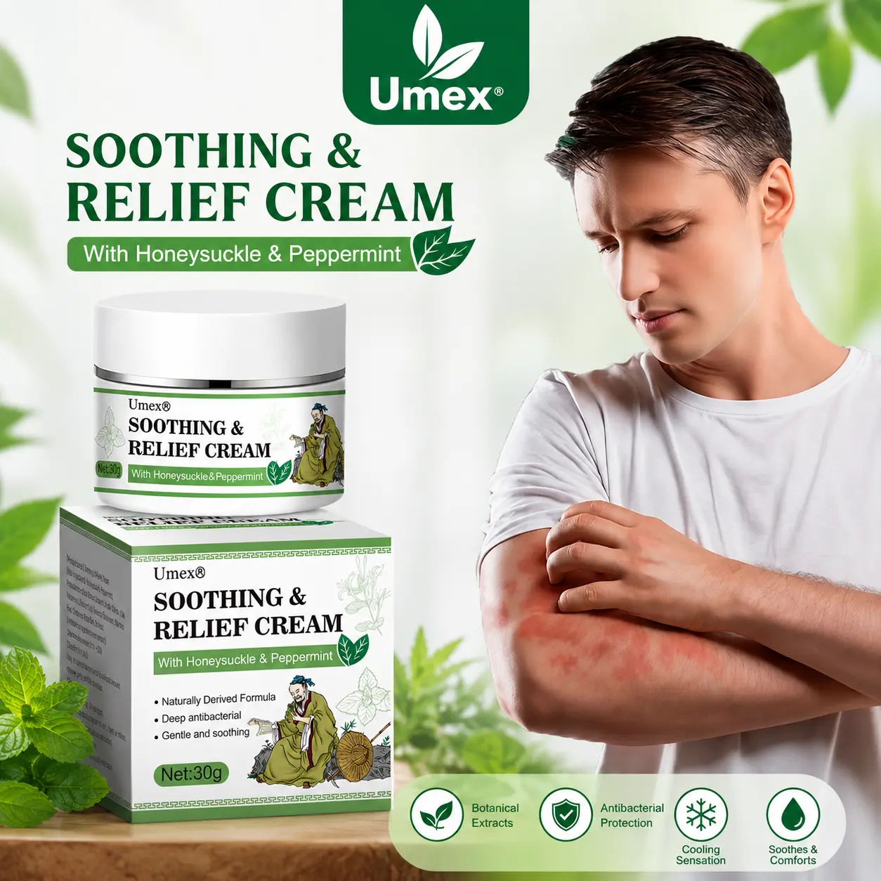 Umex Soothing & Relief Cream with Honeysuckle & Peppermint - 30g, 100% Natural Plant Extracts, Gentle for All Ages, Fast Acting Relieve itching , Hydrates Dry & Sensitive Skin, Therapeutic Treatment for Flare-up,Eczema & Psoriasis