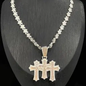 Cross Chain Pendant Tennis Chain Jewelry Set Triple Cross Three Cross Pendant Circle with Fishbone Necklace Hip Hop for Men Women Gift Christian