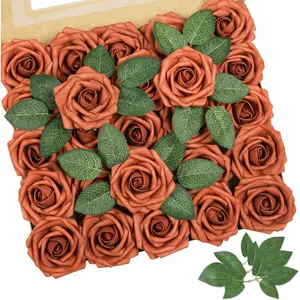 25/50pcs Burnt Orange Artificial Roses with Stems - Foam Rose Flower Suitable for DIY Wedding Bouquets, Centerpieces, Baby Showers, Valentines, Christmas Tree Decorations - Plastic Roses for Wedding Arrangements, Party Holiday Decor