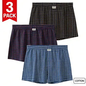 Men's Abs Boxer Briefs 3-Pack Knitted Loose Fit Cotton Underwear Soft Breathable Comfortable High-Quality Home Office Wear with Elastic Waistband in Plaid Patterns