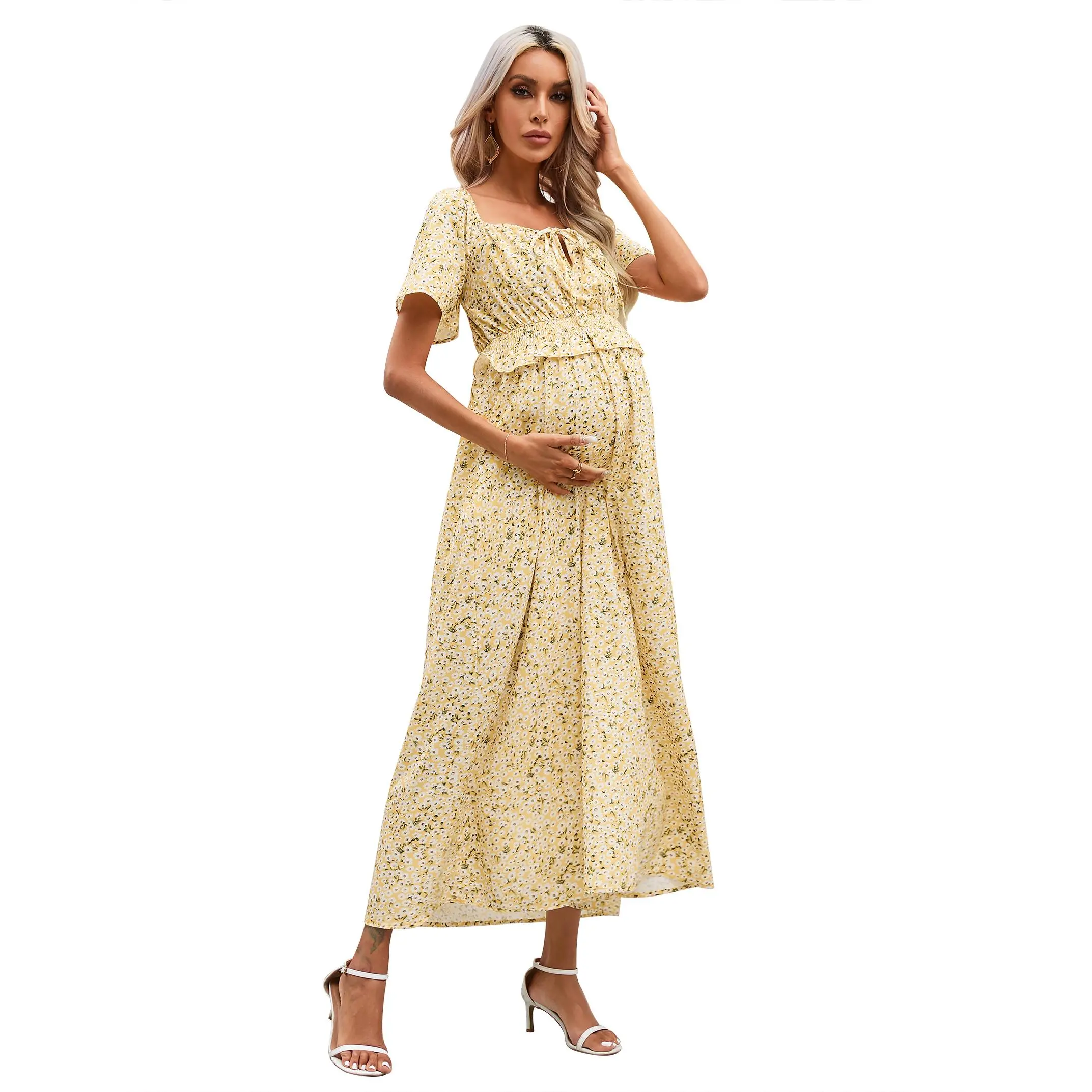 In-Stock Adjustable Square Neck Maternity Dress for Women – Flared Bell Sleeve Long Dress, Non-Compressed Comfortable Fit, Soft Stretch Fabric, Casual Everyday Pregnant Dress, 97% Polyester 3% Spandex white