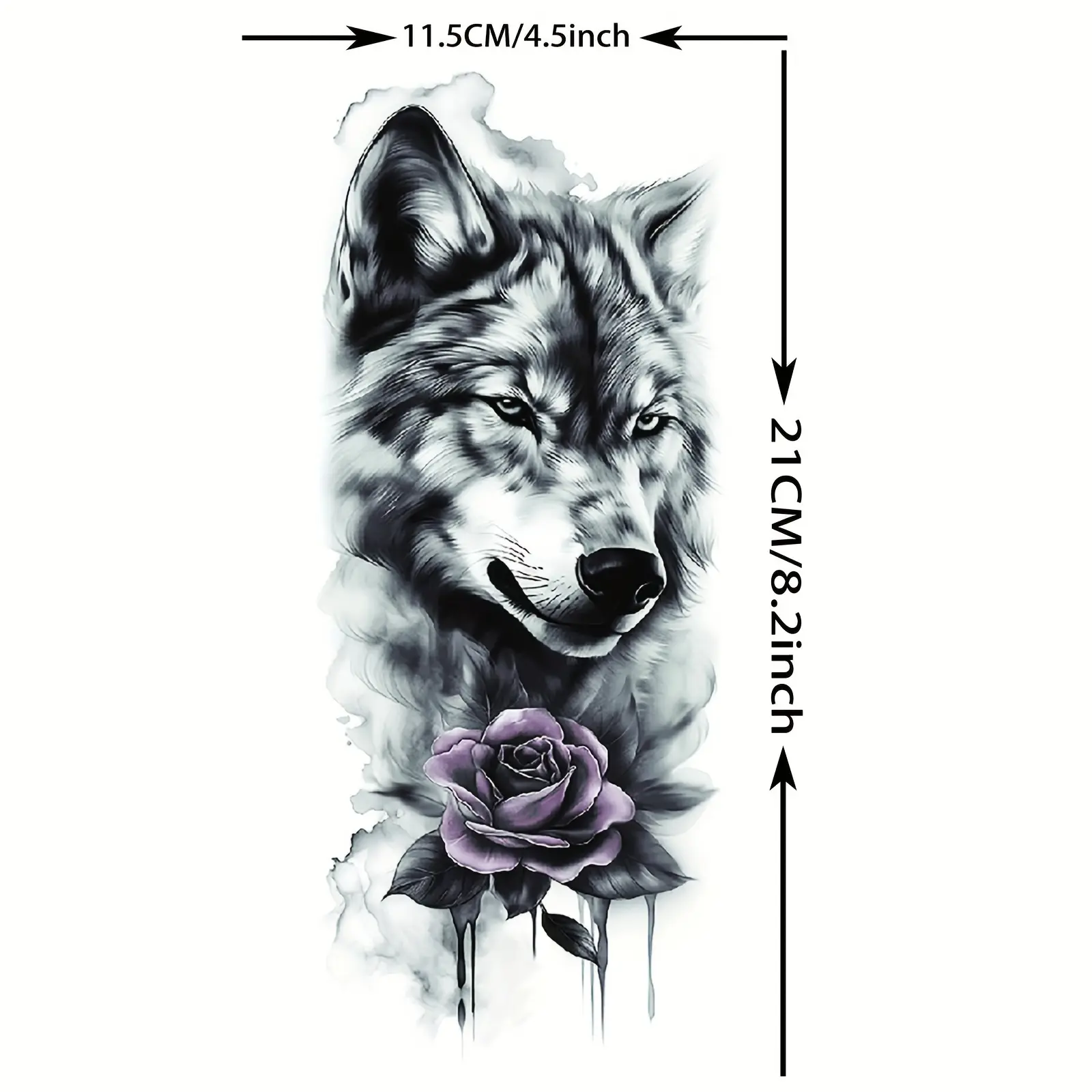 A Realistic Wolf Head Temporary Tattoo Sticker with 3D Rose Design, Waterproof and Durable, Suitable for Women and Men, Rectangular Body Art