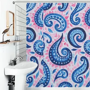 Watercolor Blue Pink Paisley Print Shower Curtain, Boho Waterproof Bath Curtain, Bohemian Floral Bathroom Decor, Aesthetic Paisley Bath Accessory with Hooks