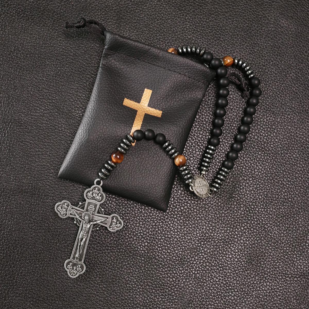 Large Heavy Rosary,rosary beads catholic for men,black rosary Necklace for men and women with medal & cross,black beads with St.Benedict  osarios catolicos Cross Necklace Catholic Gifts