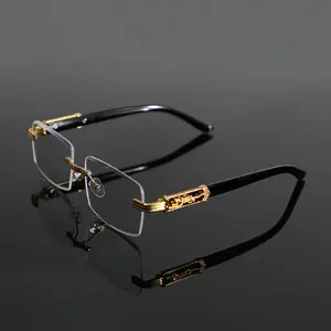 1 Pair of Elegant Men's Rimless Blue Light Blocking Glasses - Sleek Black with Golden-Tone Accents, Zinc Alloy Frame, Ideal for Business, Home, Vacation & College Wear, Stylish Glasses