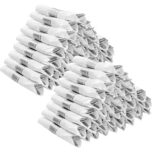 100 Pack Pre Rolled  Plastic Silverware Set, Disposable Wrapped Cutlery Set with 100 Napkins, 100 , 100 Forks and 100 Spoons for Party, Birthday