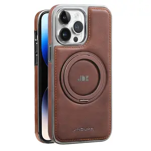 Fin Magnetic Kickstand Leather Phone Case for iPhone 16 15 Plus 14 13 12 11 Pro Max Shockproof Protective Cover