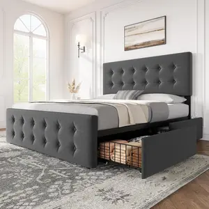 Bed Frame with 4 Drawers & Adjustable Linen Upholstered Headboard, Button Tufted, No Box Spring Needed