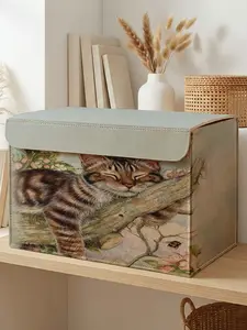 Cat Pattern Storage Box, 2D Print Felt Texture, Lids Included, Ideal for Clothes/snacks/documents, Perfect for Renters/students/moms