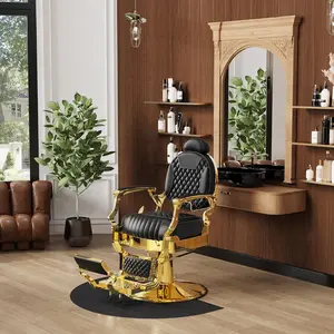 Baasha Black and Gold Barber Chair, Reclining Salon Chair with Removable Headrest, Retro Hair Chair with Heavy-Duty Steel Frame, Luxury Stylist Chair Gold Salon Chair, Weight Capacity 550 lbs