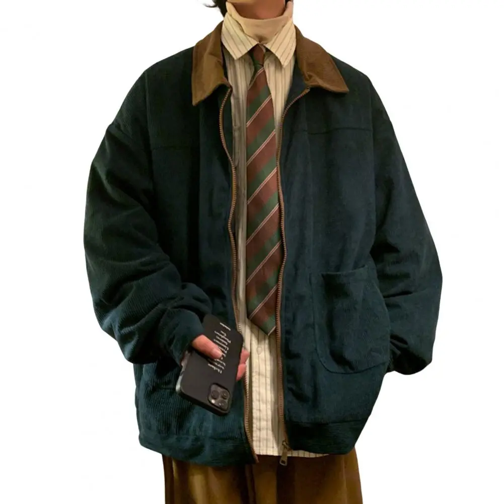 Corduroy Men Jacket American Style Vintage Jacket Windbreakers Zipper Coats Autumn Loose Cargo Outwear