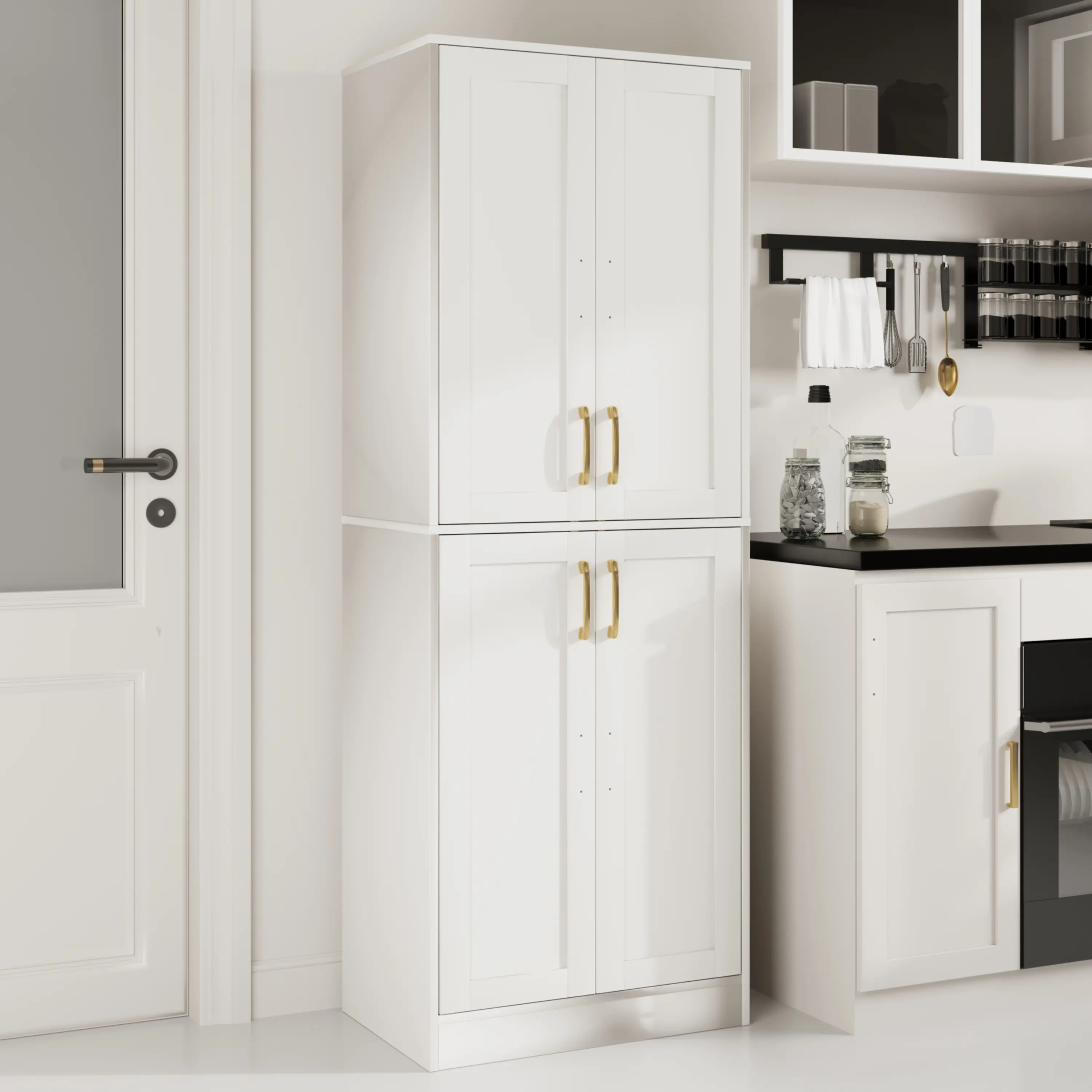 68-in Height Farmhouse Kitchen Pantry Cabinet - Sturdy Modern Storage Cabinet with 4 Gold Handles, Adjustable Shelves, 20-25 Kg Weight Capacity, Rustic Look, Easy to Assemble Organization Solution for Kitchen, Dining Room