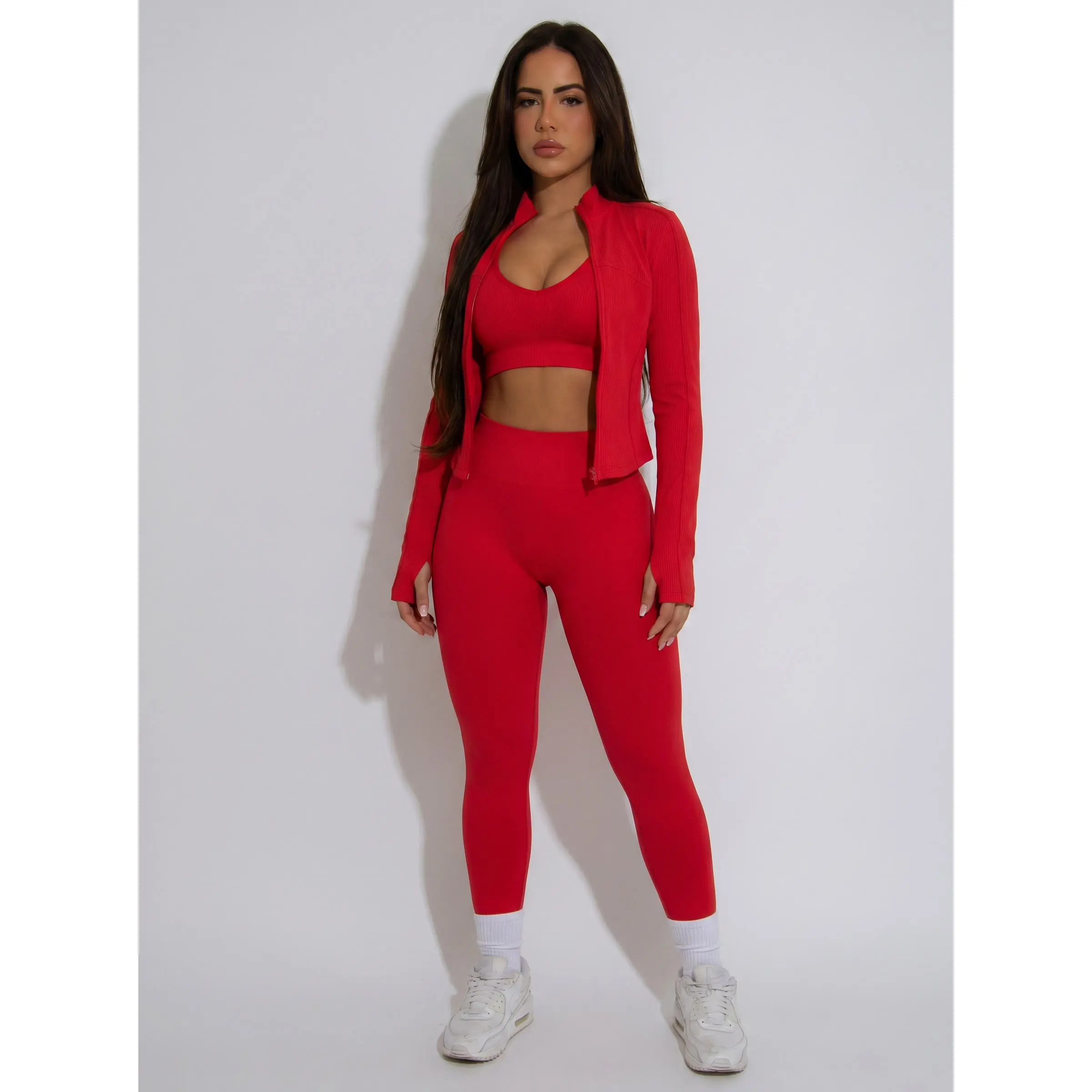 USBoutiqueCHIC Women’s Ribbed 3 Piece Workout Set | Zip Up Thumb Hole Jacket + Sports Bra + High Waist Leggings Sculpt Athleisure Tracksuit