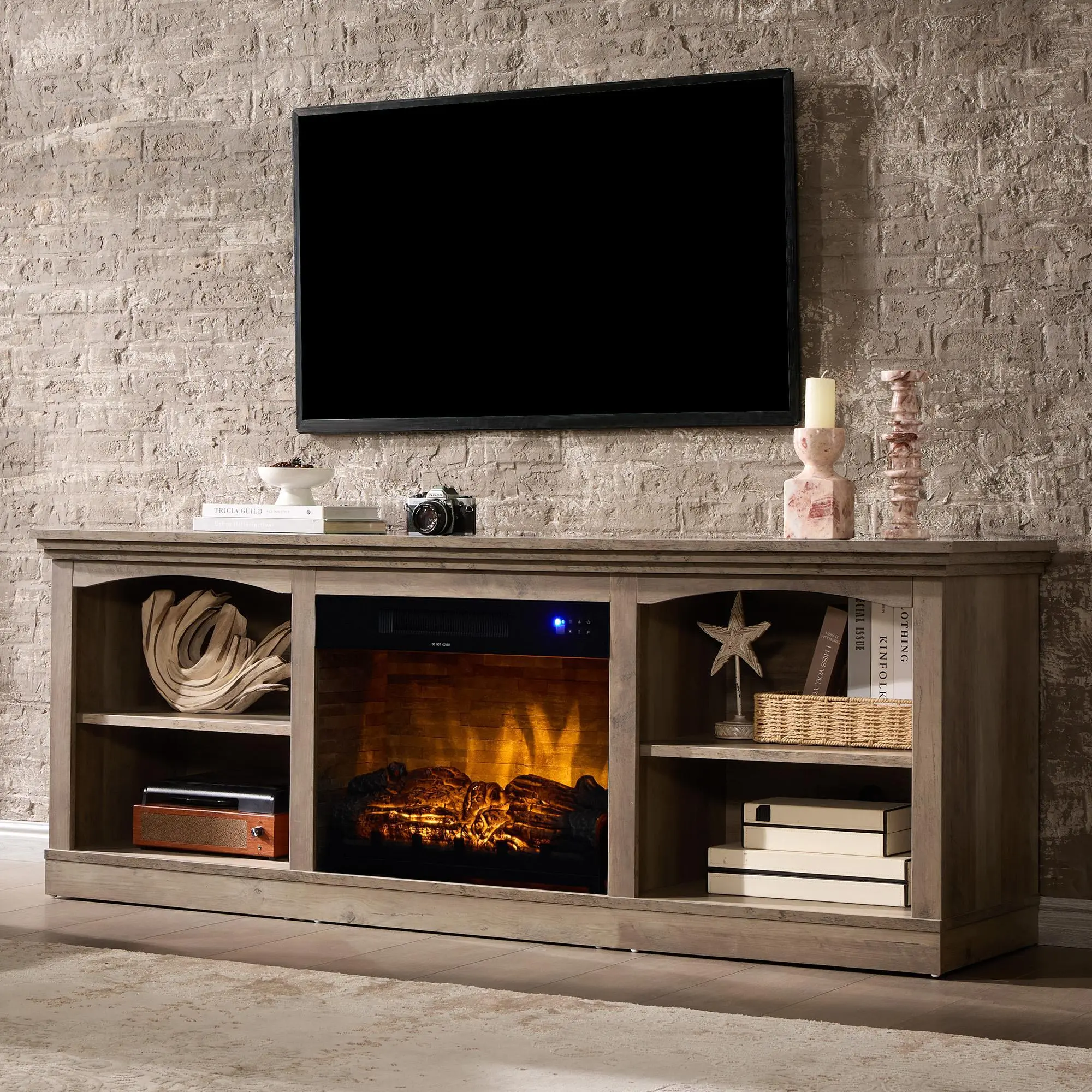 VanAcc 70 Inch Fireplace TV Stand for TVs up to 80", Farmhouse Entertainment Center with 23" Electric Fireplace One-Box Delivery, Media Console Table with Storage for Living Room