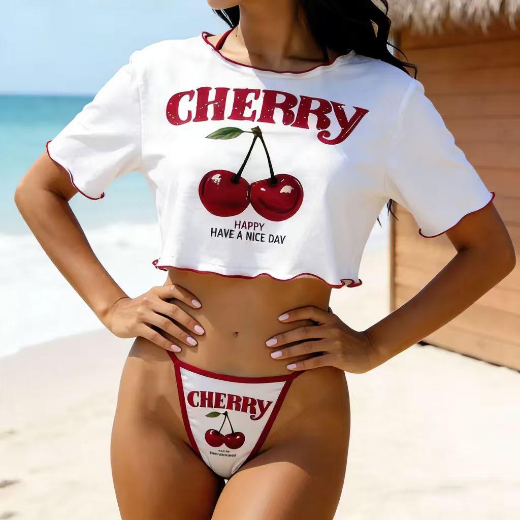 Women's Cherry Print Three-Piece Swimsuit, Cute Triangle Bikini Set with Cover-Up & Adjustable Straps, Stylish Wear for Beach, Pool & Resort women