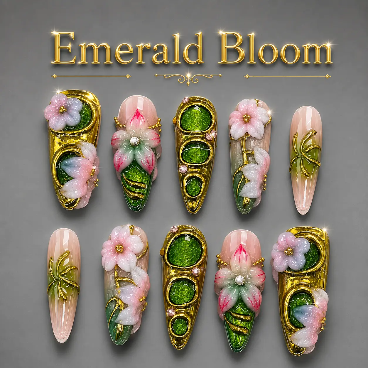 NAILCOUTURE Luxury Handmade 3D Nail Art Reusable Press On Nails | Long & Medium Almond Stiletto Square Coffin Oval Nails | Acrylic Gel Press On Nails | Summer Floral Butterfly Shell Collection | Glossy Salon Quality