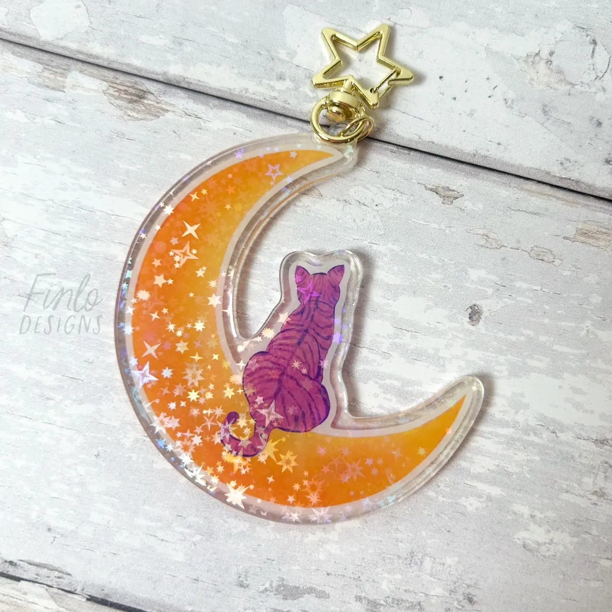 Finlo Designs - Cat on the Moon Holographic Keychain - 3.5”, double-sided, star holographic glitter