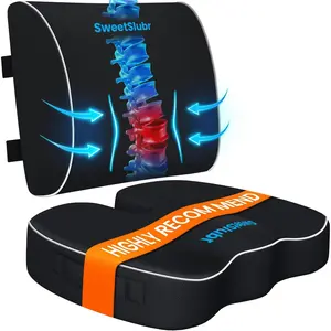 Ergonomic Memory Foam Seat Cushion & Lumbar Support Pillow Set, Orthopedic Coccyx Cushion for Office Chair, Car, Home – Relieves Back, Sciatica & Tailbone Pain, Improves Posture Black/Large
